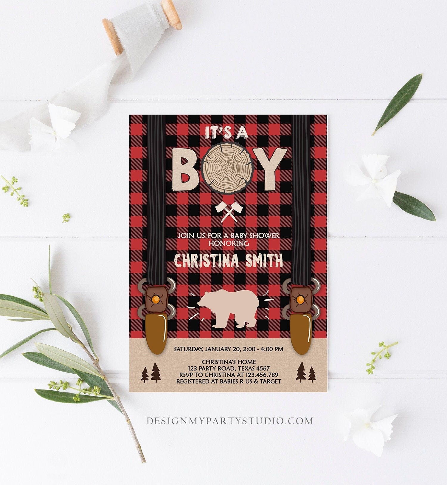 Editable Lumberjack Baby Shower Invitation Baby Boy Buffalo Plaid Rust - Design My Party Studio editable-lumberjack-baby-shower-invitation-baby-boy-buffalo-plaid-rust-design-my-party-studio