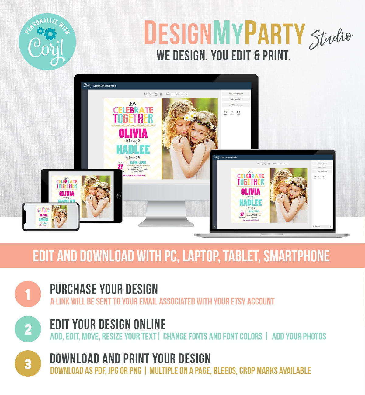 Editable Joint Birthday Invitation Twins Birthday Sisters Siblings Birthday Girl Party Rainbow Pink Download Corjl Template Printable 0087