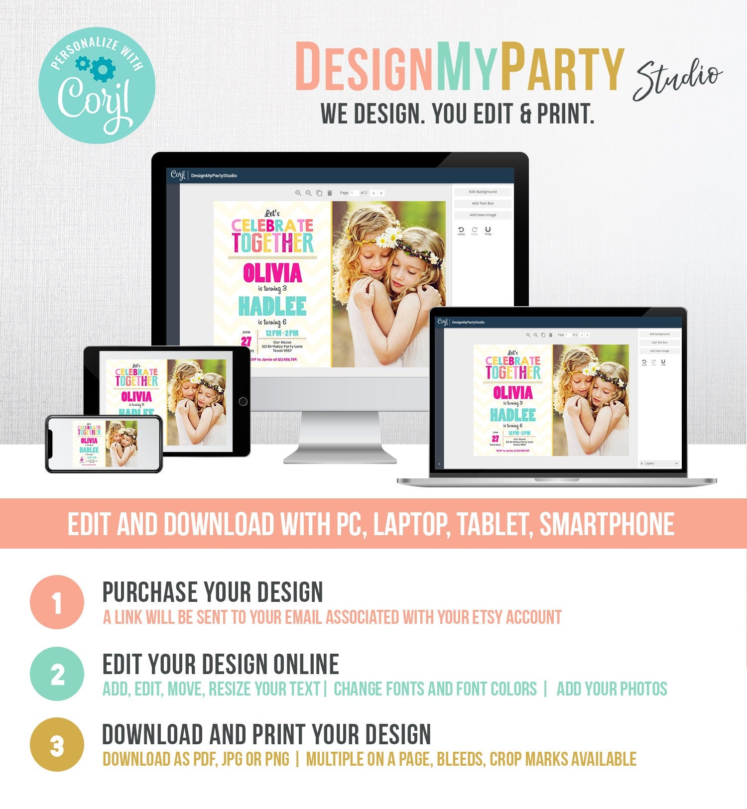 Editable Joint Birthday Invitation Twins Birthday Sisters Siblings Birthday Girl Party Rainbow Pink Download Corjl Template Printable 0087