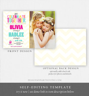Editable Sisters Birthday Invitation Twins Birthday Party Siblings Birthday Double Party Rainbow Pink Printable Invite Template Corjl 0087