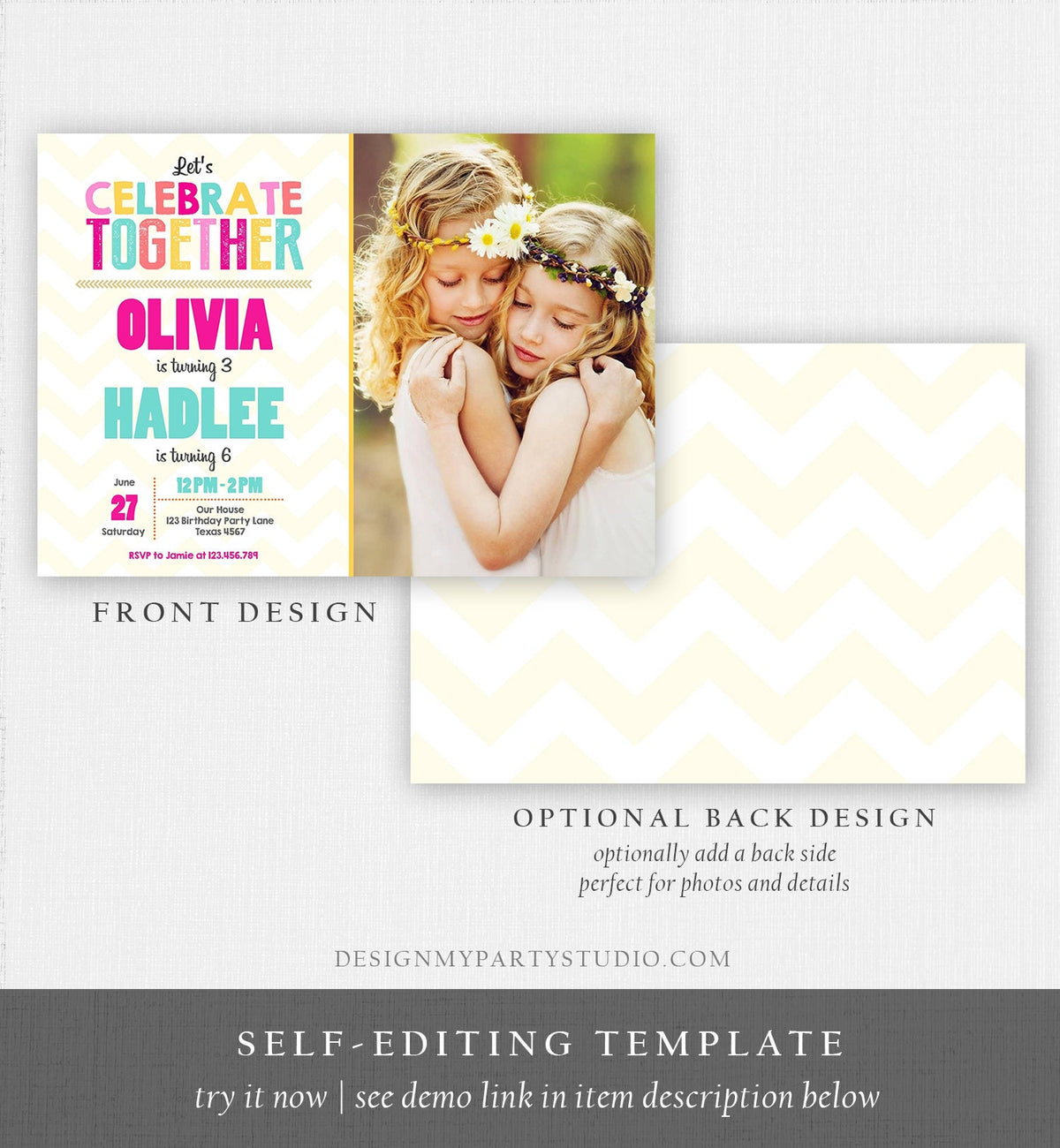 Editable Joint Birthday Invitation Twins Birthday Sisters Siblings Birthday Girl Party Rainbow Pink Download Corjl Template Printable 0087