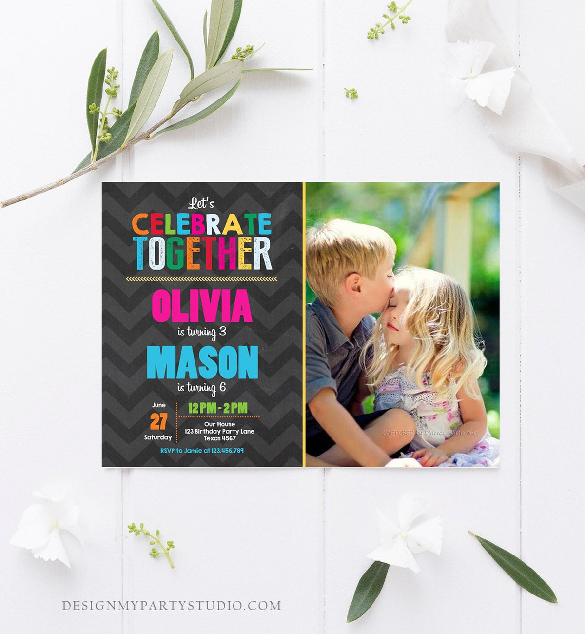 Editable Brother and Sister Birthday Invitation Twins Birthday Party Joint Birthday Party Rainbow Printable Invite Template Photo Corjl 0087