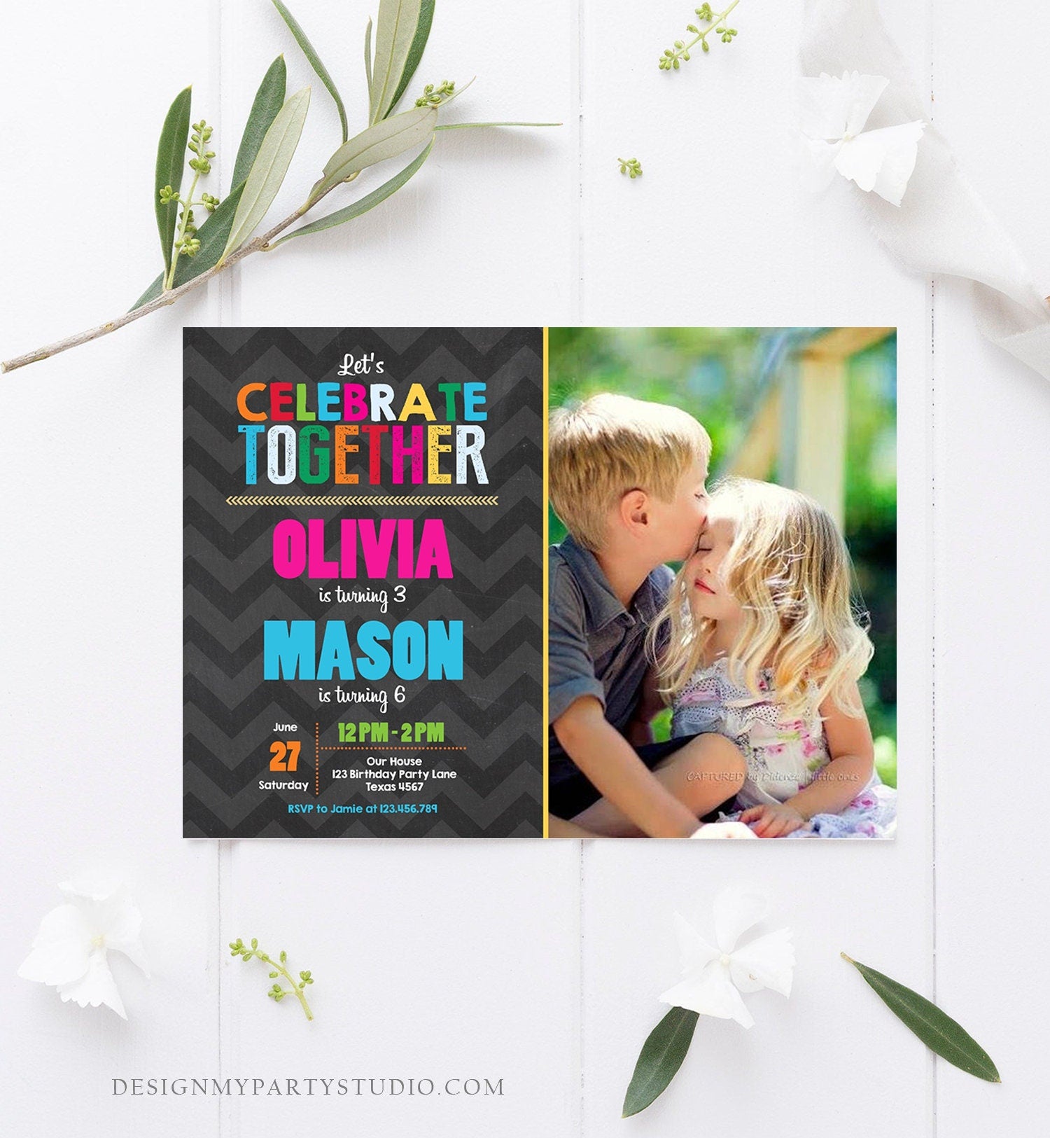 Editable Brother and Sister Birthday Invitation Twins Birthday Party Joint Birthday Party Rainbow Printable Invite Template Photo Corjl 0087