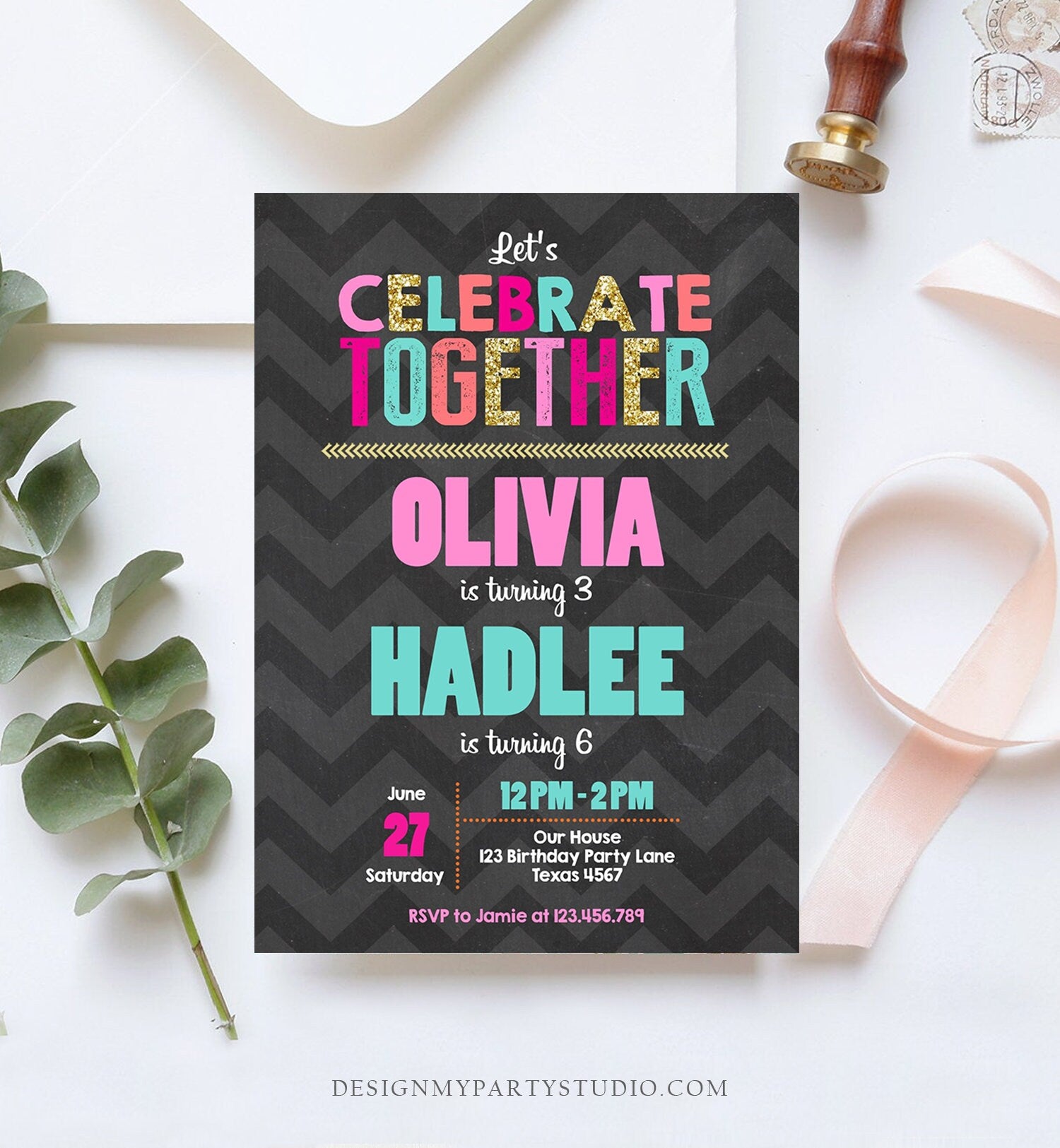 Editable Siblings Birthday Invitation Girls Twins Birthday Party Dual Birthday Party Pink Gold Sisters Printable Invite Template Corjl 0087