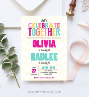 Editable Siblings Twin Birthday Invitation Twins Birthday Party Birthday Double Party Rainbow Girl Pink Printable Invite Template Corjl 0087
