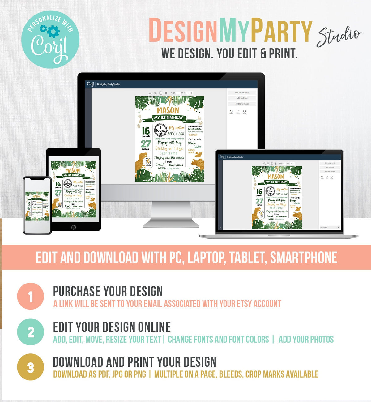 Editable Dinosaur Birthday Milestones Sign Dino Milestone Boy First Birthday Party Fossil Instant Download Digital Template Printable 0146