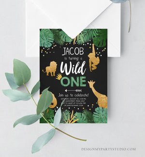 Editable Wild One Birthday Invitation Safari Jungle Boy Gold First Birthday 1st Chalk Leaves Instant Download Corjl Template Printable 0016