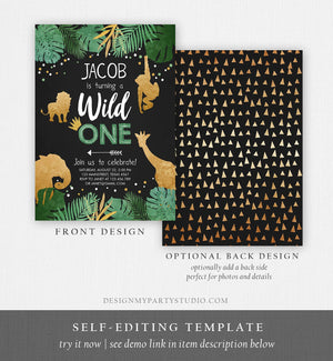 Editable Wild One Birthday Invitation Safari Jungle Boy Gold First Birthday 1st Chalk Leaves Instant Download Corjl Template Printable 0016