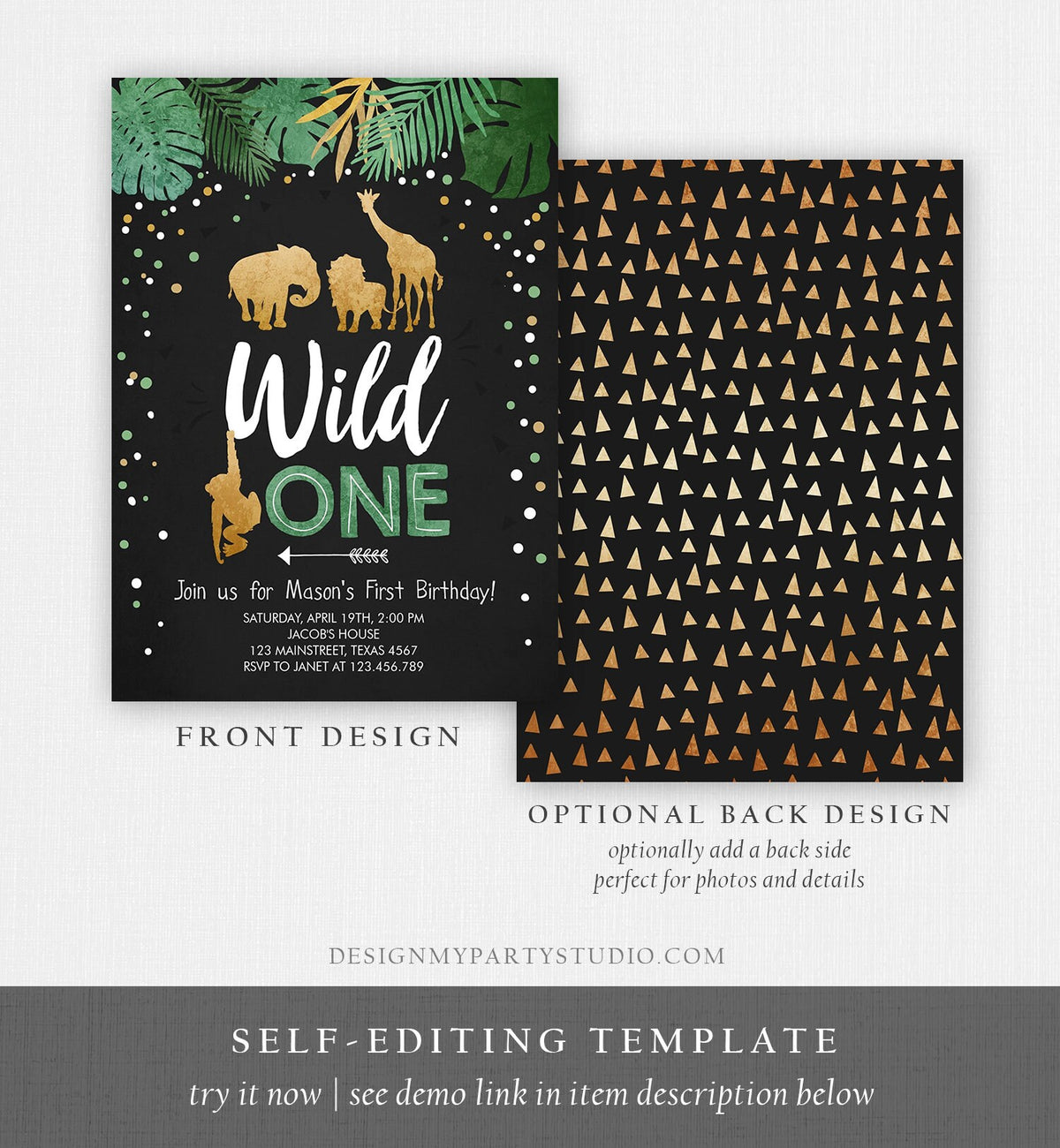 Editable Wild One Birthday Invitation Safari Animals Jungle Boy Gold First Birthday 1st Chalk Leaves Download Corjl Template Printable 0016
