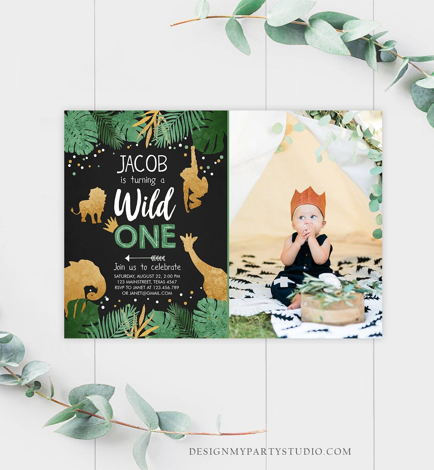 Editable Wild One Birthday Invitation Safari Animals Jungle Boy Gold First Birthday 1st Rustic Photo Download Corjl Template Printable 0016