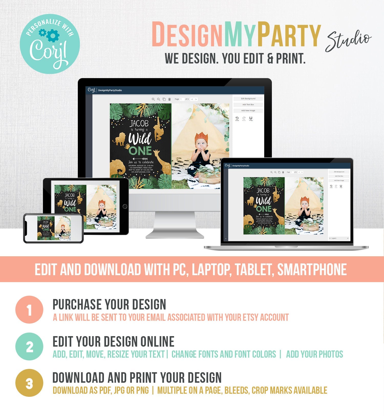 Editable Wild One Birthday Invitation Safari Animals Jungle Boy Gold First Birthday 1st Rustic Photo Download Corjl Template Printable 0016