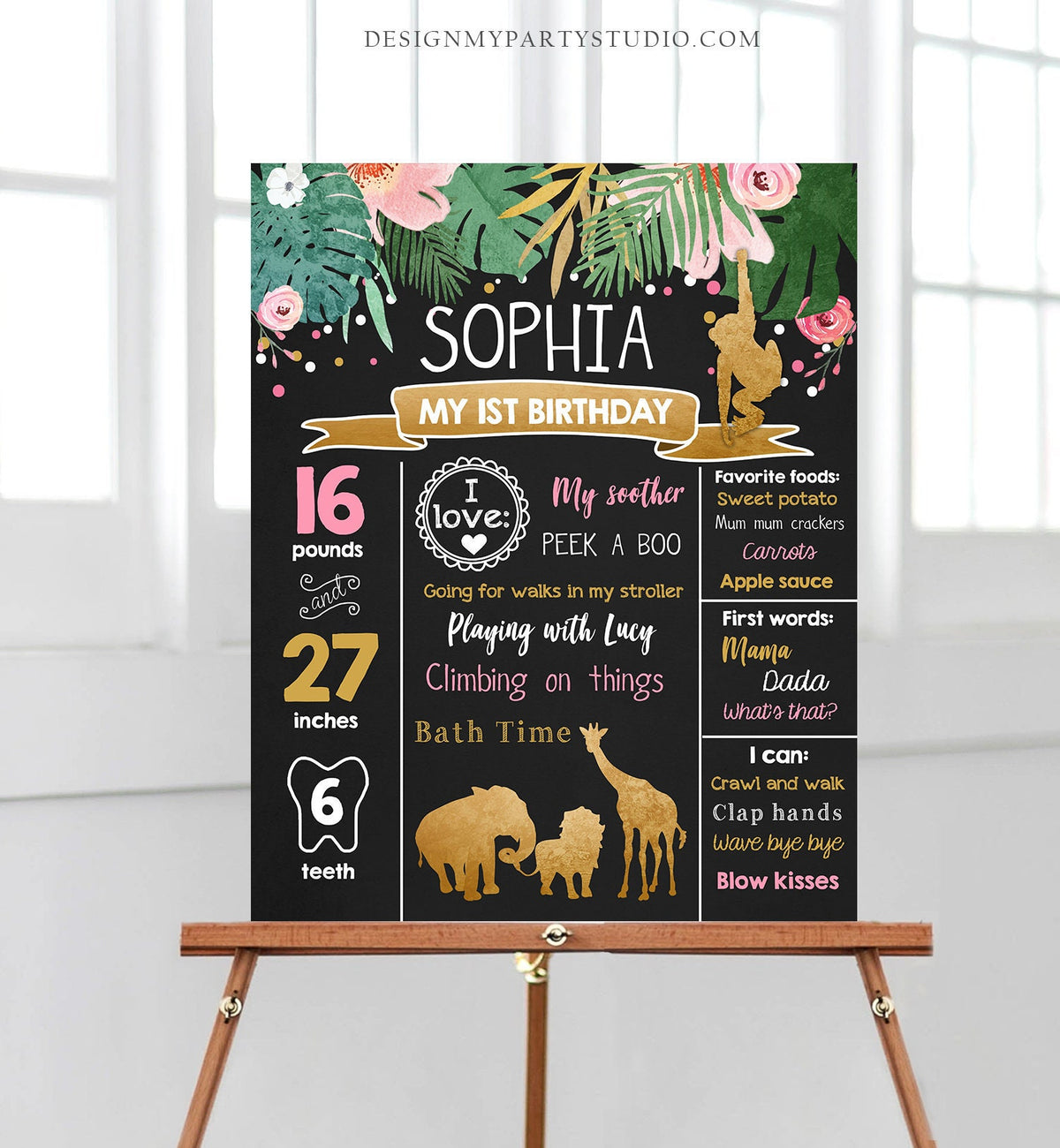 Editable Safari Animals Birthday Milestones Sign Wild One Girl First Birthday Safari Zoo 1st Pink Gold Jungle Corjl Template Printable 0016