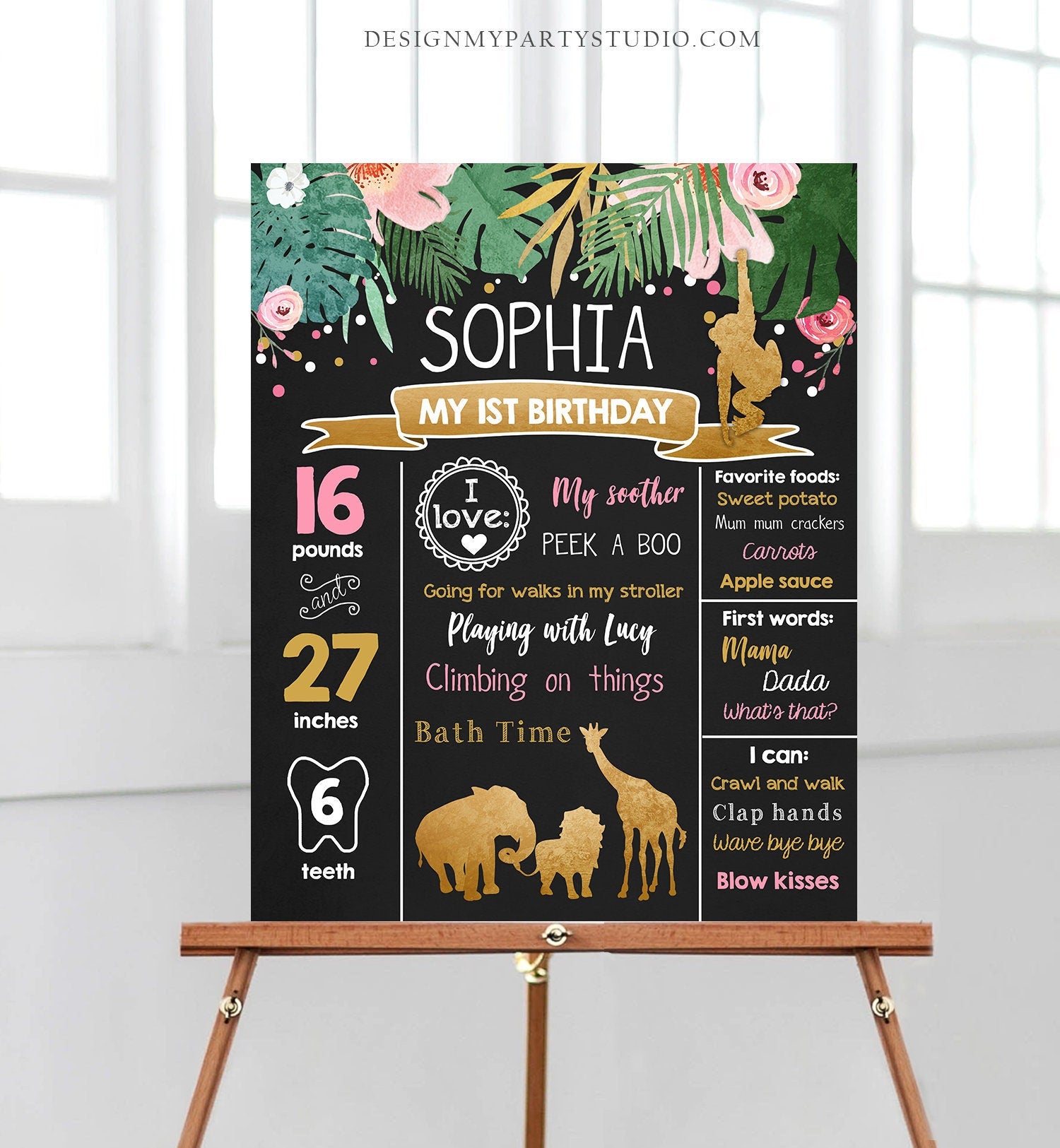 Editable Safari Animals Birthday Milestones Sign Wild One Girl First Birthday Safari Zoo 1st Pink Gold Jungle Corjl Template Printable 0016