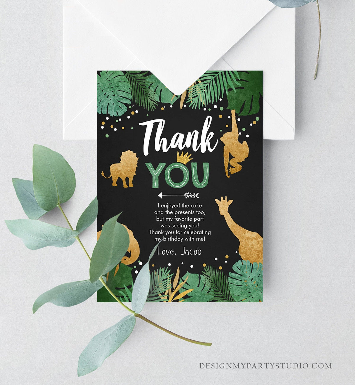 Editable Thank You Card Safari Animals Wild One Thank You Note Black Gold Photo Boy Jungle Zoo Animals Printable Corjl Template Digital 0016