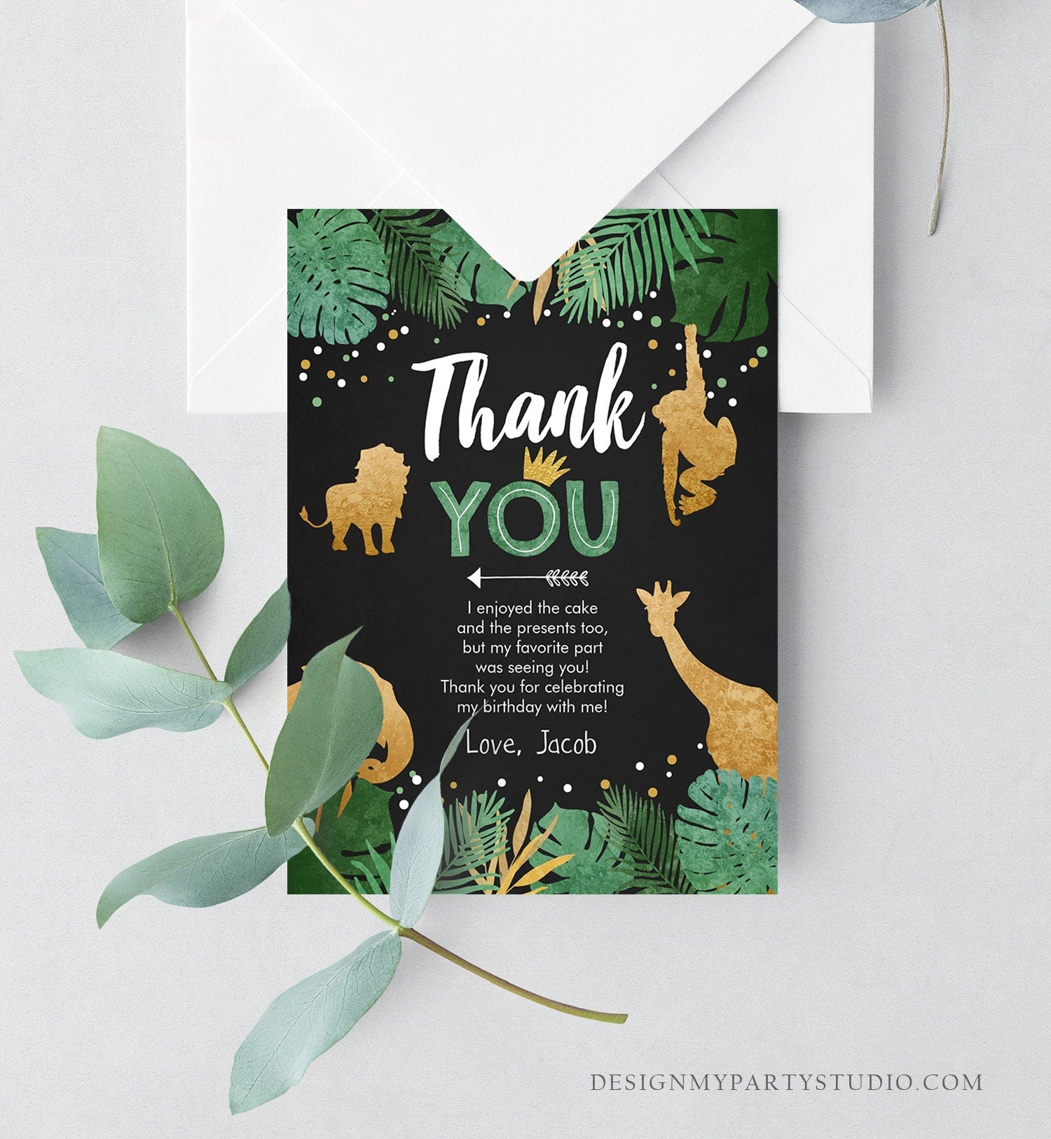 Editable Thank You Card Safari Animals Wild One Thank You Note Black Gold Photo Boy Jungle Zoo Animals Printable Corjl Template Digital 0016