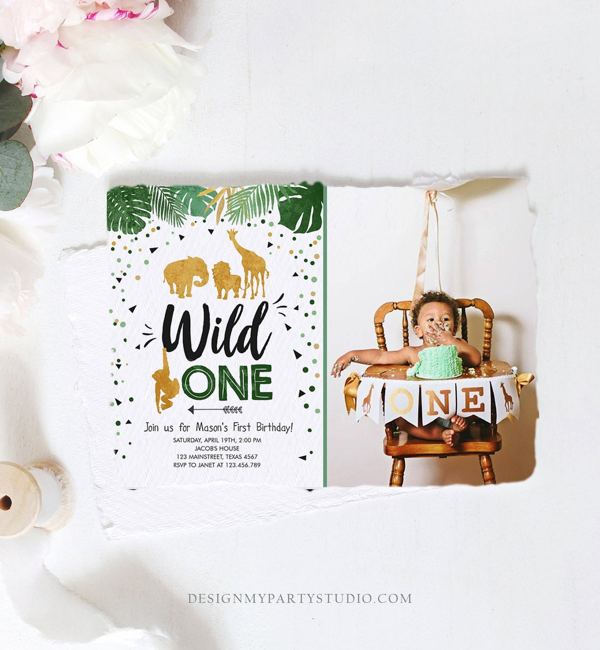 Editable Wild One Birthday Invitation Safari Animals Jungle Zoo Animals Black Gold First Birthday 1st Download Printable Corjl Template 0016