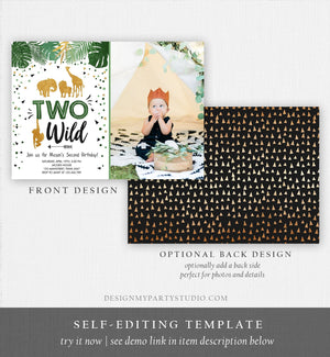 Editable Two Wild Birthday Invitation Safari Animals Wild Animals Black Gold Second Birthday 2nd Jungle Printable Corjl Template 0016