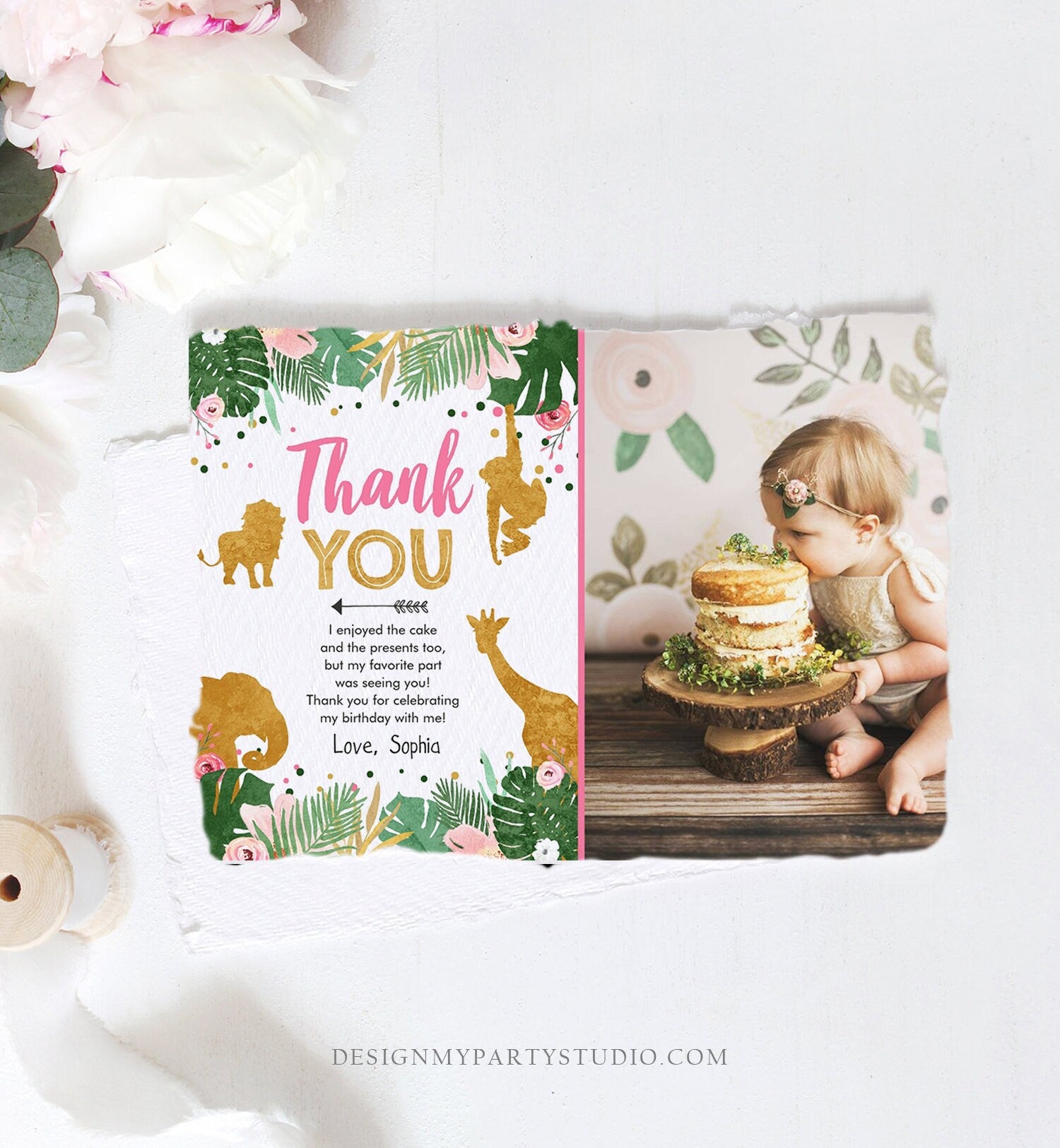 Editable Thank You Card Safari Animals Wild One Thank You Note Black Photo Girl Pink Gold Jungle Zoo Animals Digital Template Printable 0016