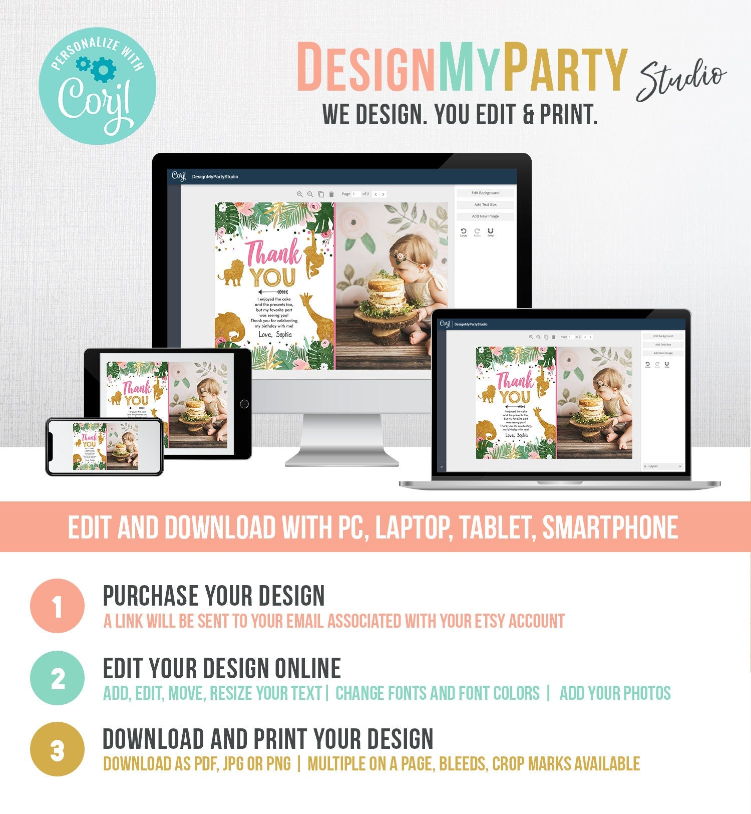 Editable Thank You Card Safari Animals Wild One Thank You Note Black Photo Girl Pink Gold Jungle Zoo Animals Digital Template Printable 0016