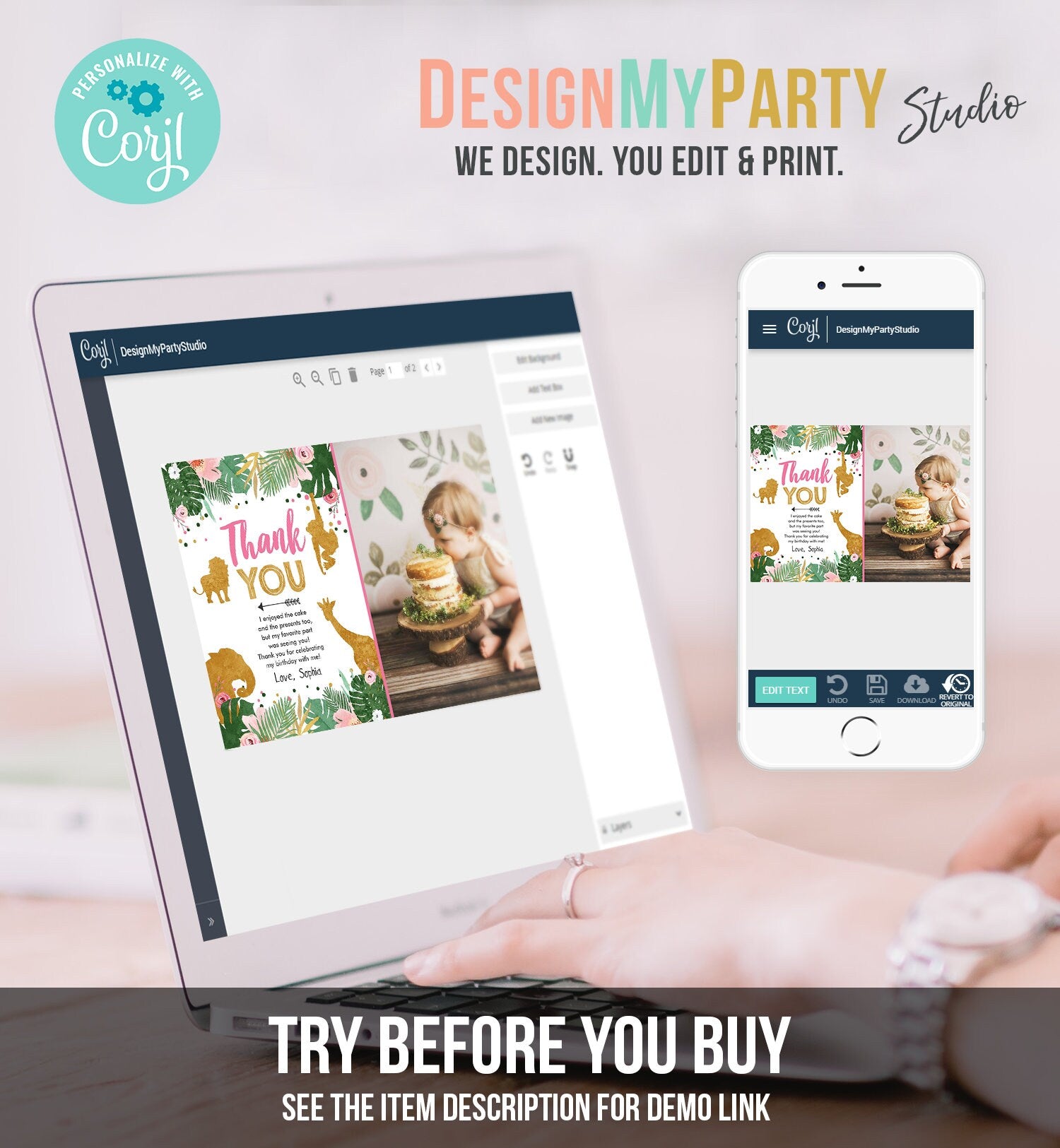 Editable Thank You Card Safari Animals Wild One Thank You Note Black Photo Girl Pink Gold Jungle Zoo Animals Digital Template Printable 0016