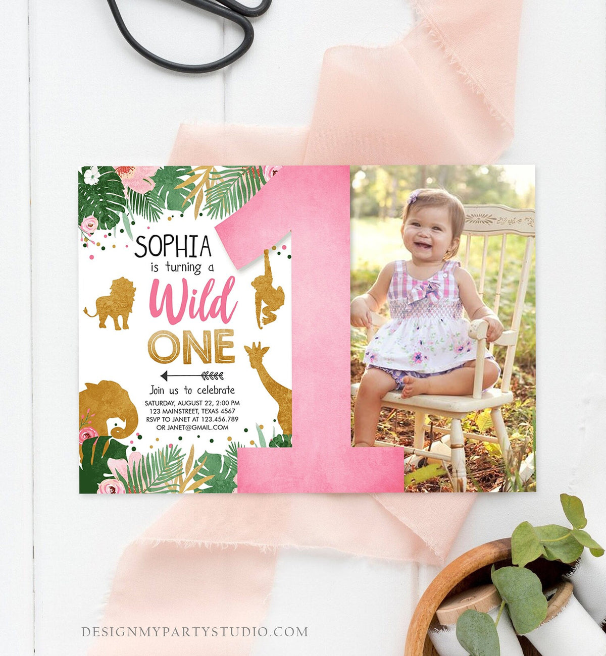 Editable Wild One Birthday Invitation Girl Safari Animals Jungle Zoo Party Animals Pink Gold Instant Download Printable Corjl Template 0016