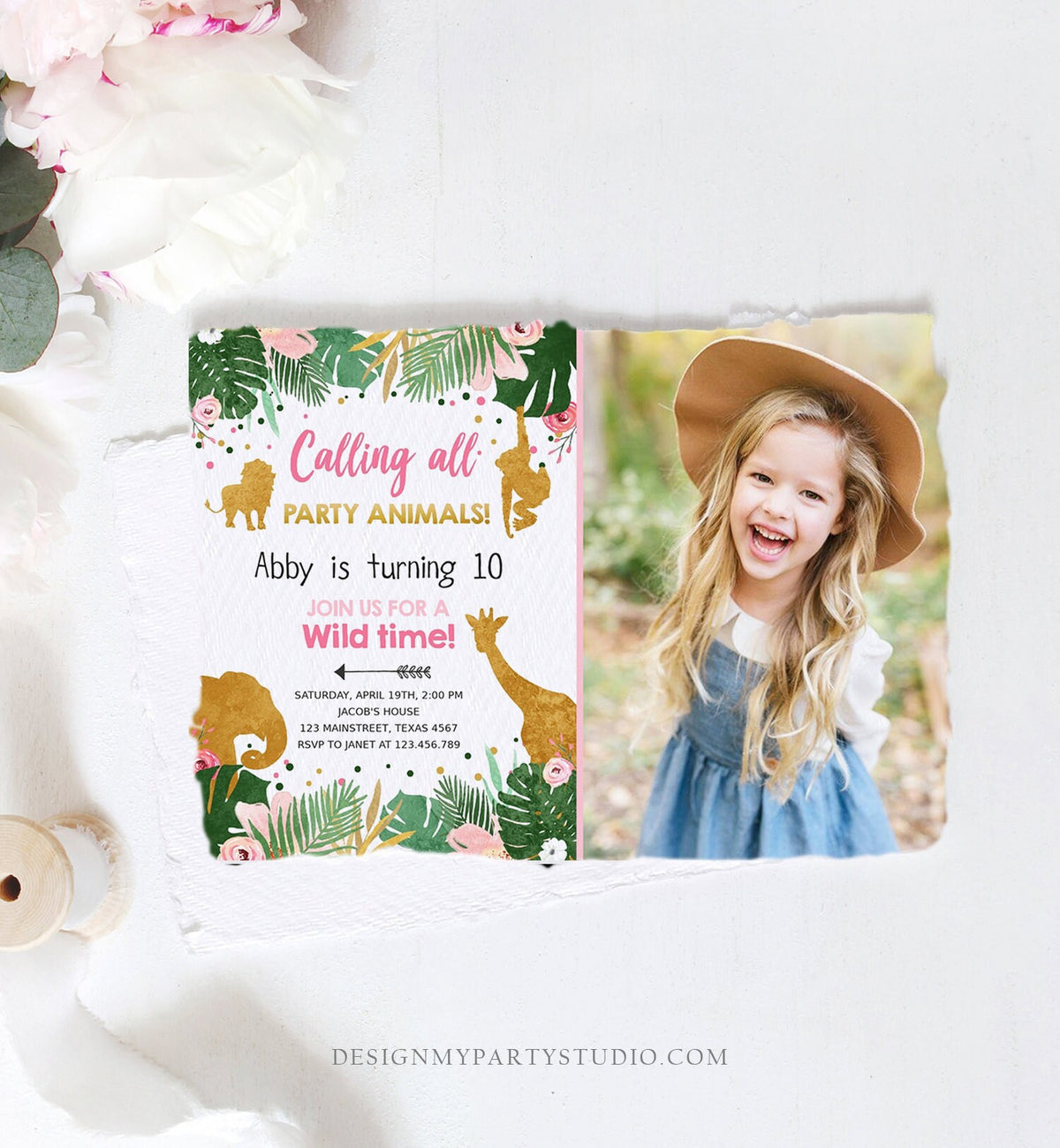 Editable Calling All Party Animals Birthday Invitation Girl Safari Animals Jungle Zoo Pink Gold Download Printable Corjl Template 0016
