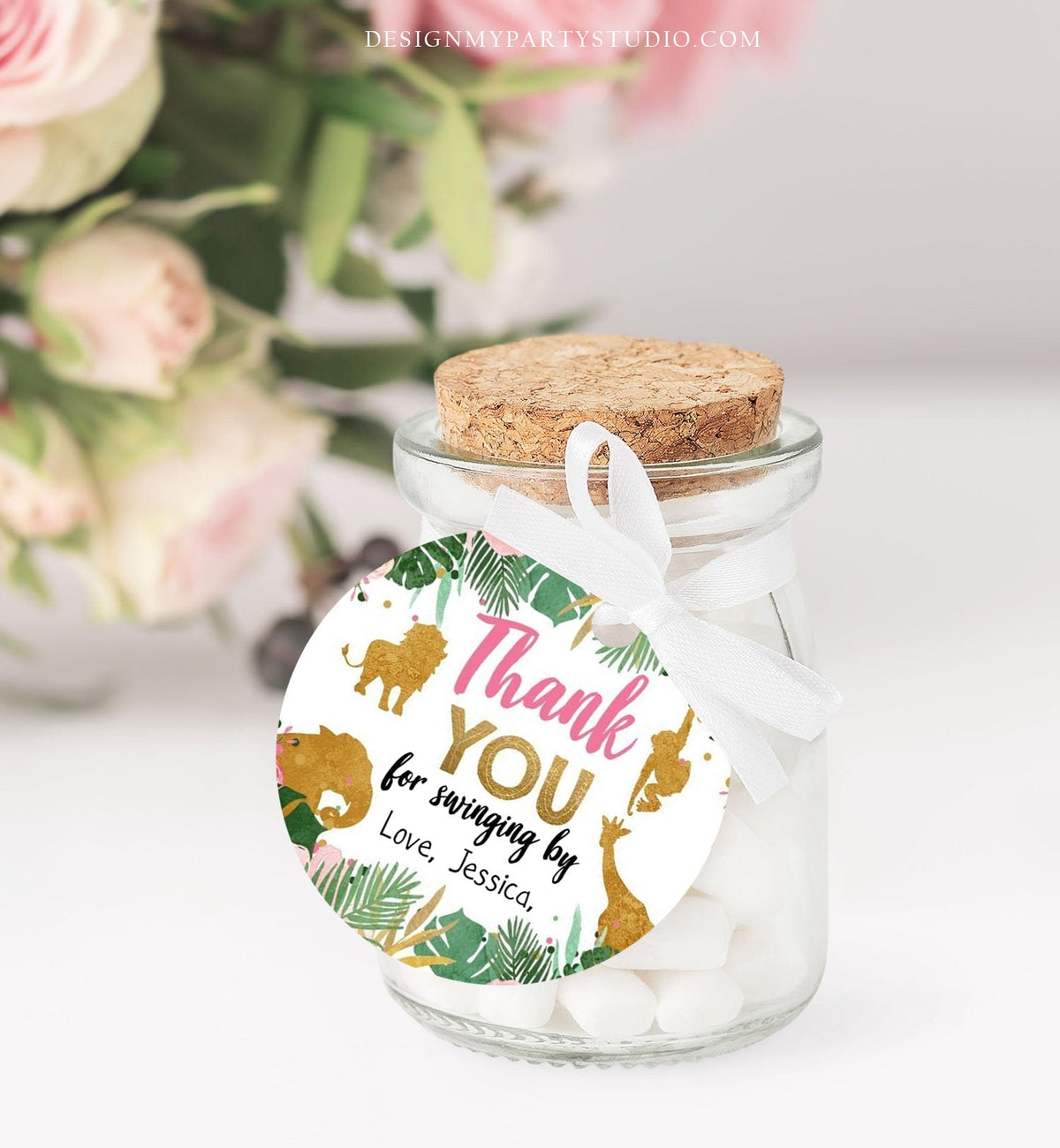 Editable Safari Animals Favor Tag Thank You Wild One Party Animals Pink Gold Girl Pink Swinging By Sticker Digital Template Printable 0016