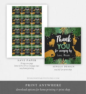 Editable Safari Animals Thank You Tags Wild One Jungle Zoo Black Gold Gift Favor Swinging By Safari Round Square Sticker Corjl Template 0016