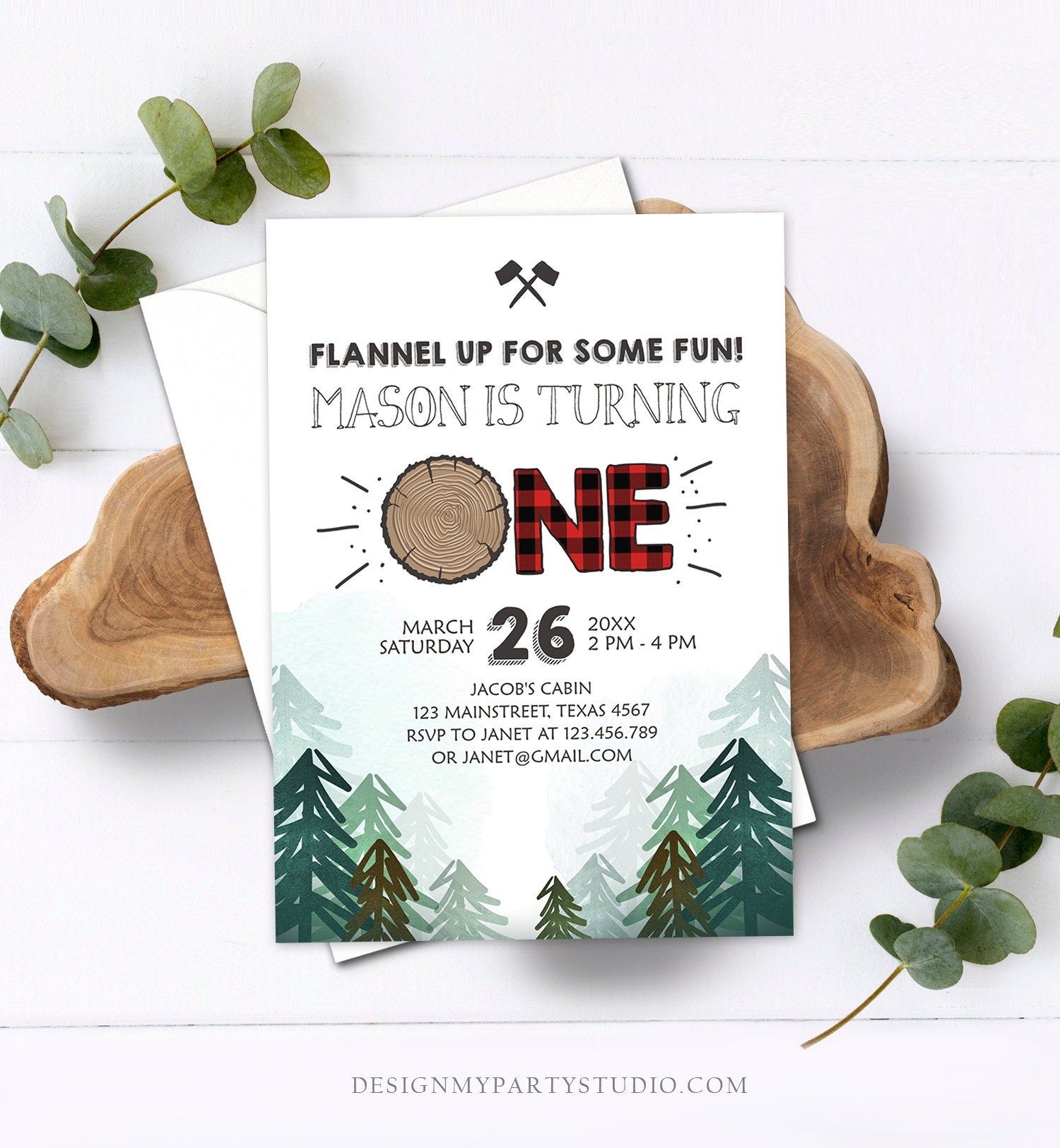 Editable Lumberjack Birthday Invitation First Birthday Woodland Outdoor Camping Party Boy Forest Red Plaid Printable Corjl Template 0377