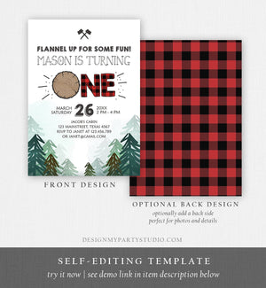 Editable Lumberjack Birthday Invitation First Birthday Woodland Outdoor Camping Party Boy Forest Red Plaid Printable Corjl Template 0377