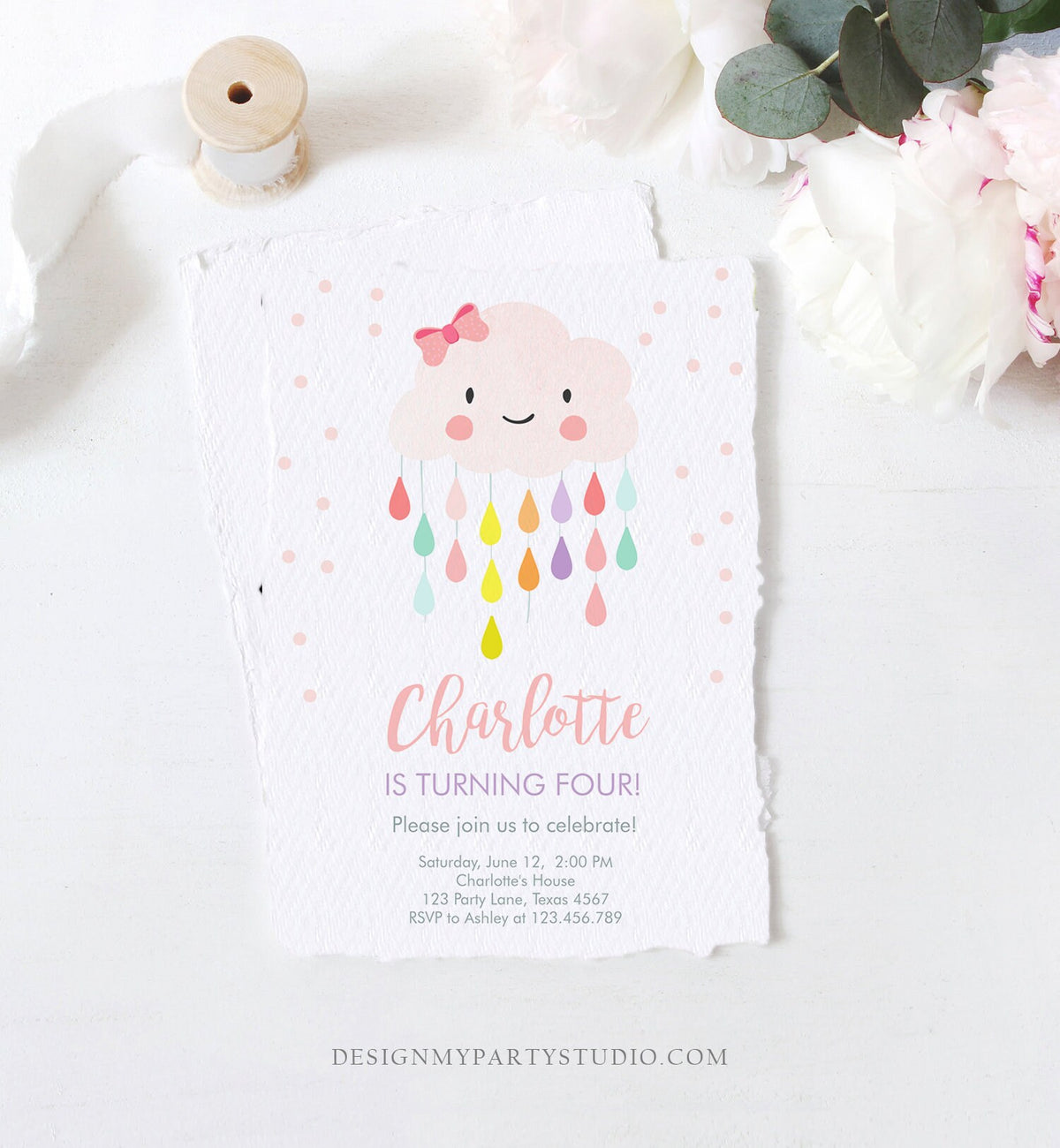 Editable Cloud Birthday Invitation Girl Raindrop Rainbow Cute Pink Cloud Drops Bow Confetti Digital Download Evite Template Printable 0036