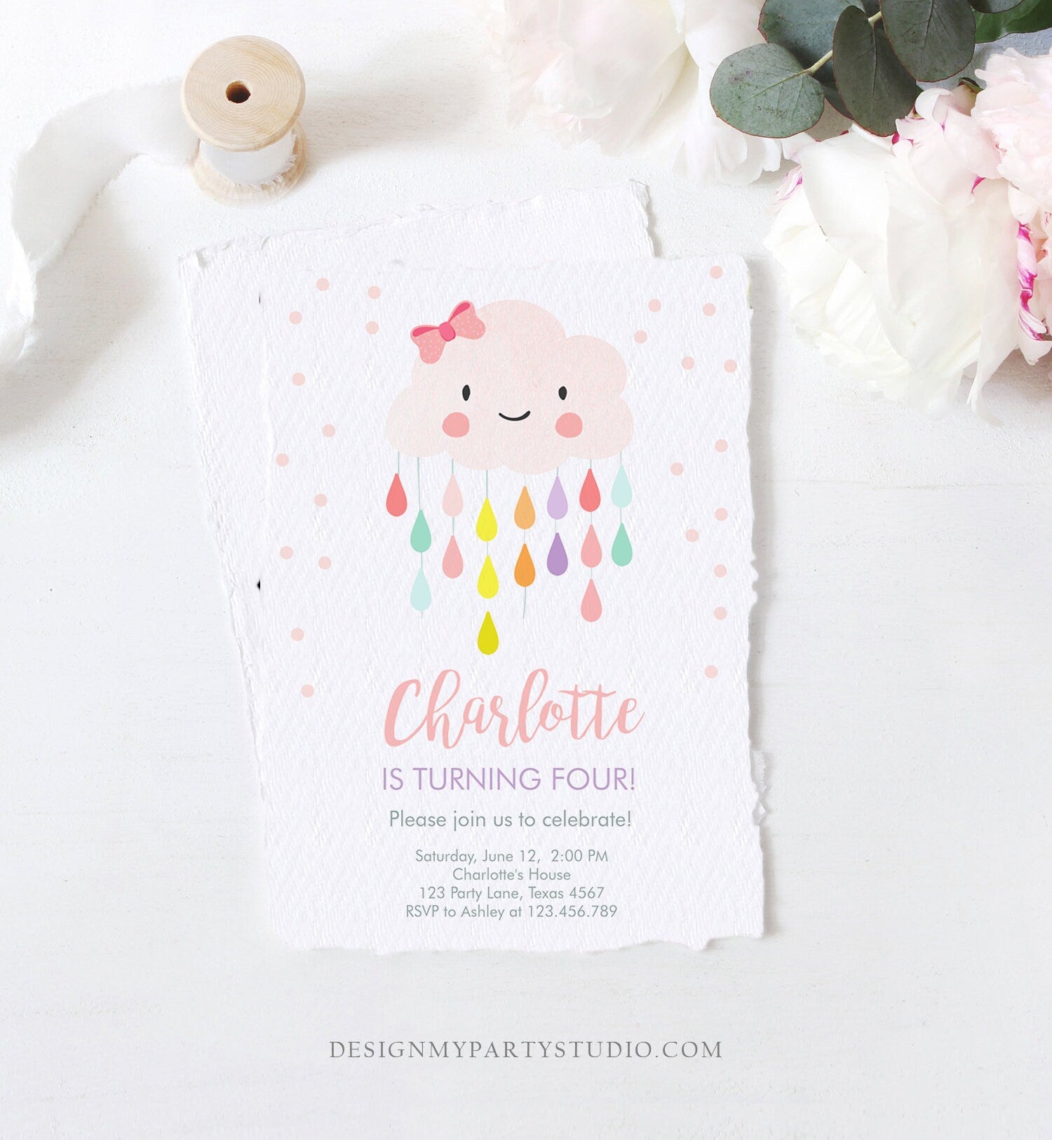 Editable Cloud Birthday Invitation Girl Raindrop Rainbow Cute Pink Cloud Drops Bow Confetti Digital Download Evite Template Printable 0036