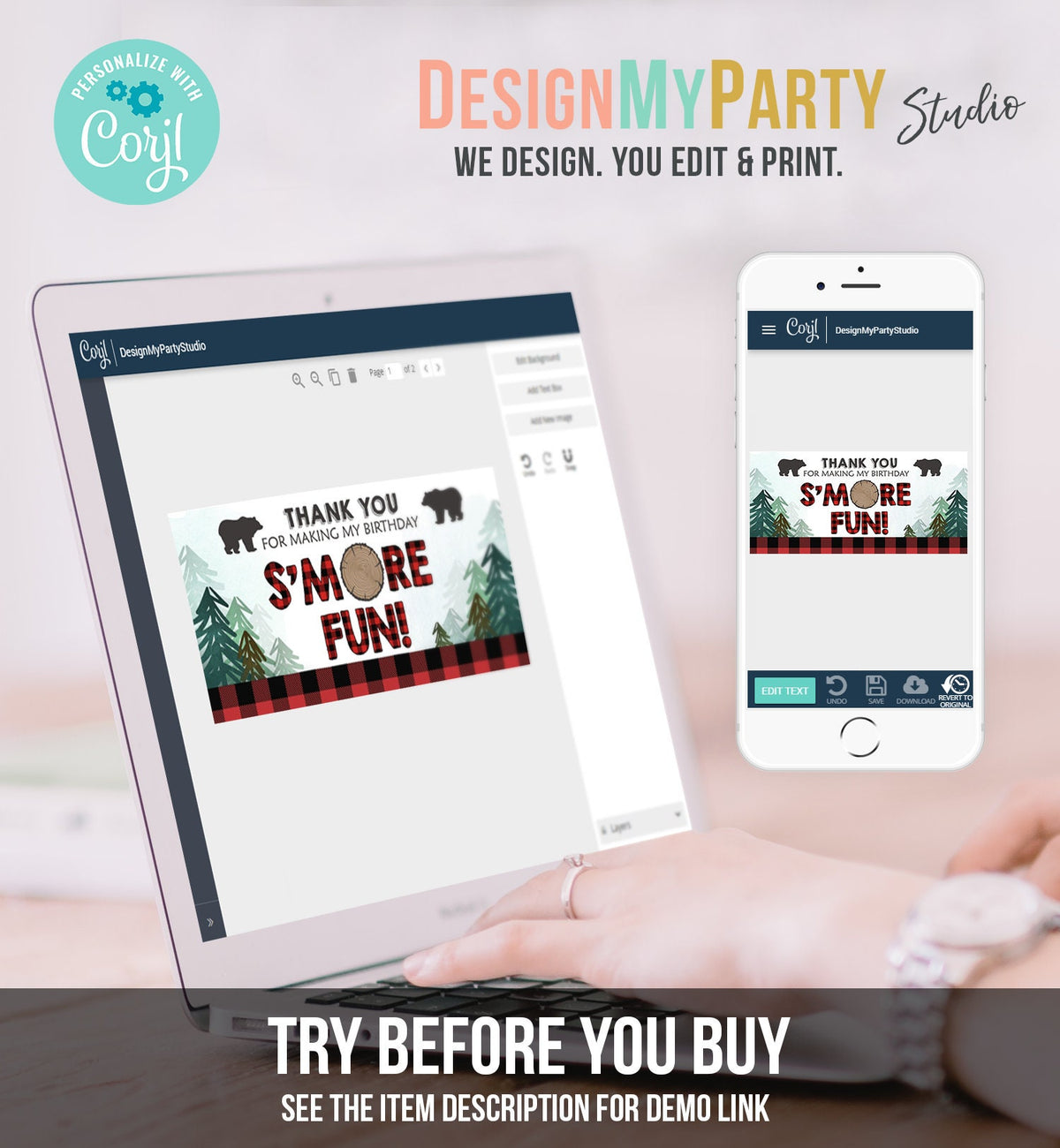 Editable Lumberjack Treat Bag Toppers Smore Fun Birthday Party Wild One First Birthday Baby Shower S&#39;more Digital Corjl Template 0377