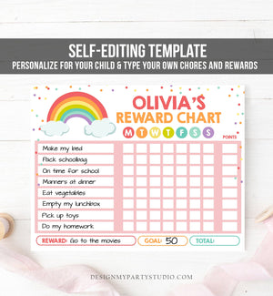 Editable Rainbow Cloud Reward Chart for Girls Chore Chart Kids Routine Chart Pink Rainbow Colors Confetti Digital Printable Corjl Template