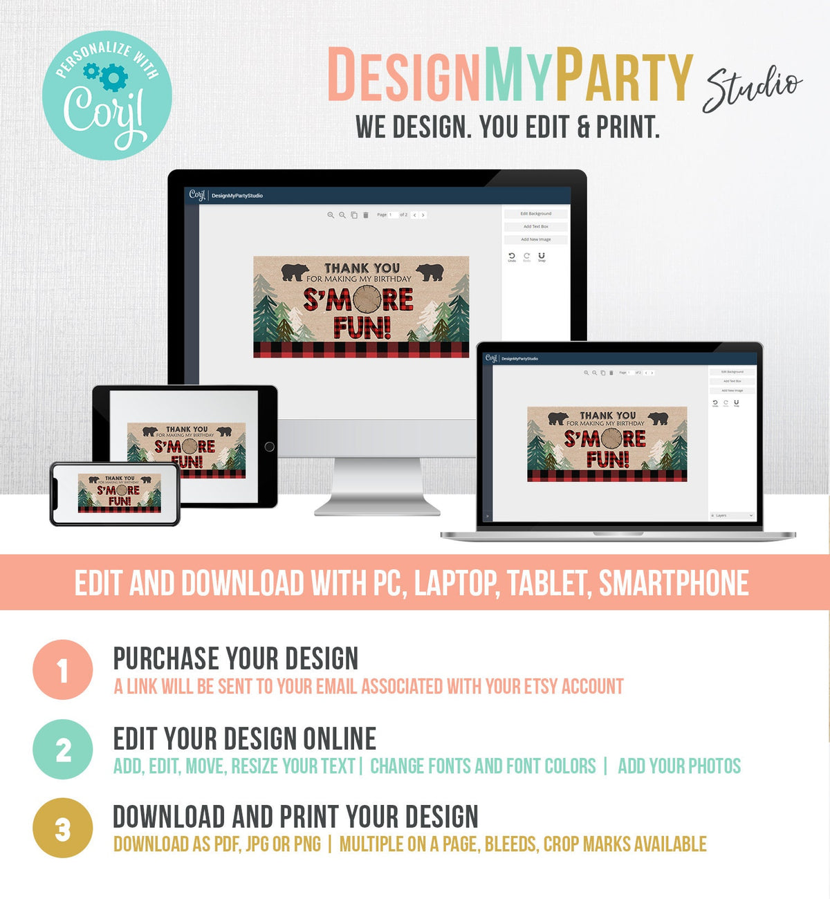 Editable Lumberjack Treat Bag Toppers Smore Fun Birthday Party Wild One First Birthday Baby Shower S&#39;more Digital Template Printable 0026