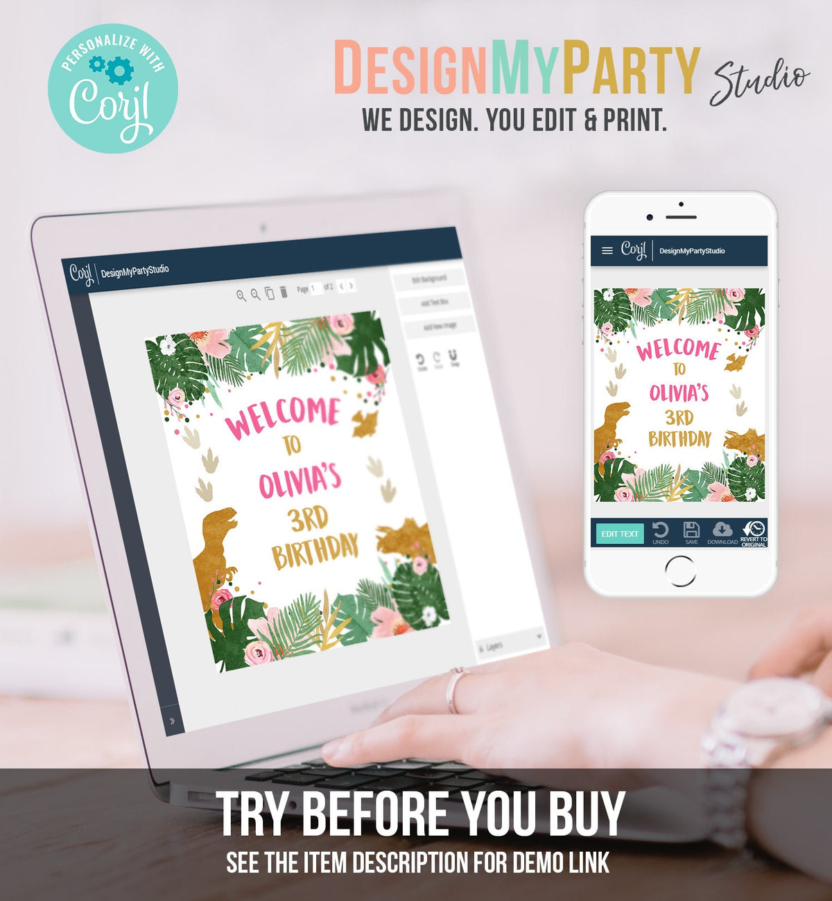 Editable Dinosaur Welcome Sign Girl Pink and Gold Dino Party Dinosaur Birthday Sign Welcome Dinosaur Sign Digital Template Printable 0146