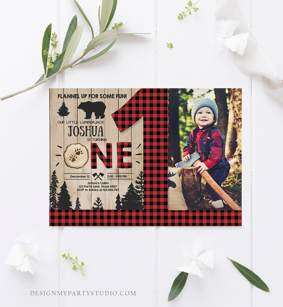 Editable Lumberjack Birthday Invitation Rustic Woodland First Birthday Bear Buffalo Plaid Forest Wilderness Printable Corjl Template 0191