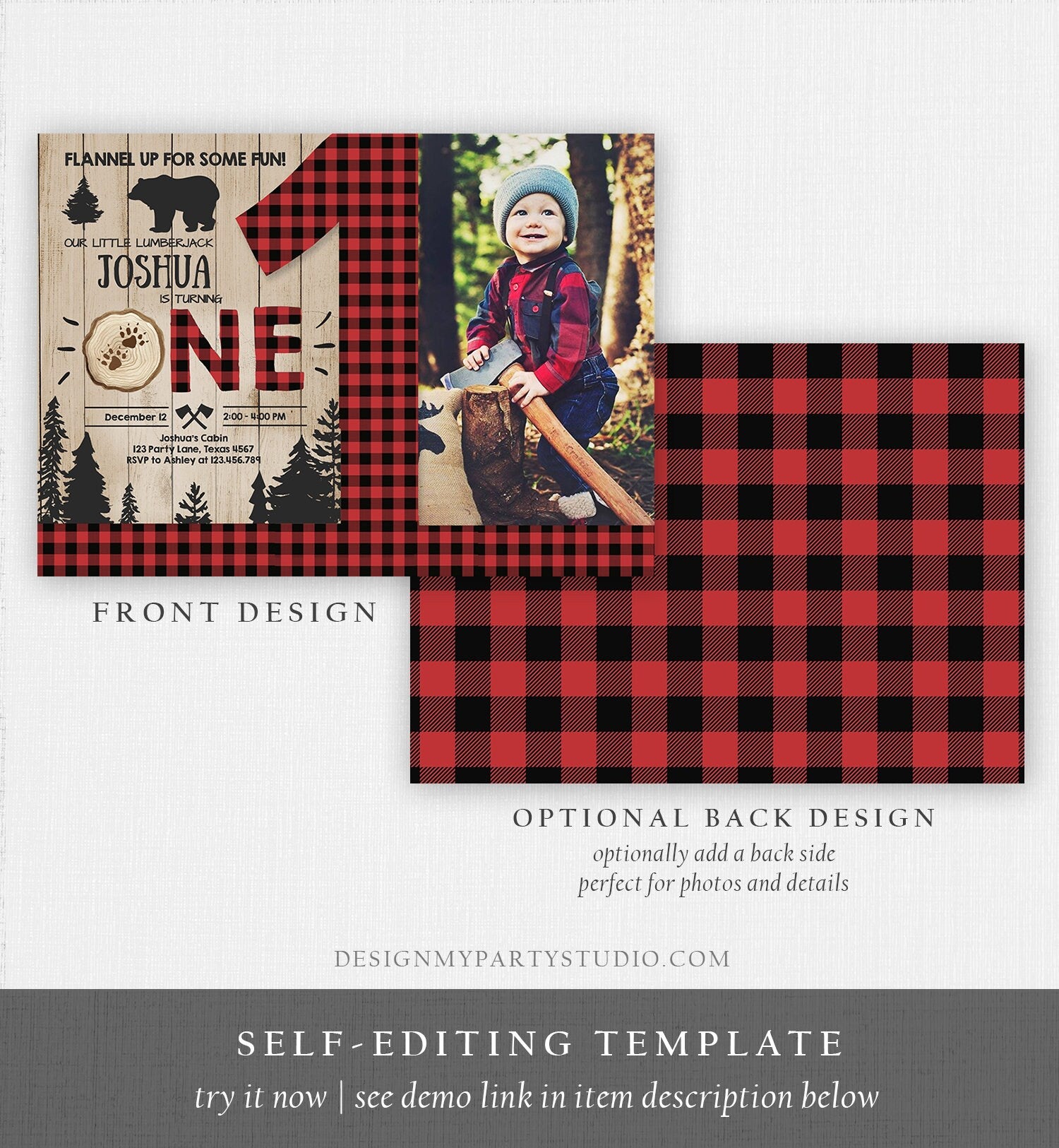 Editable Lumberjack Birthday Invitation Rustic Woodland First Birthday Bear Buffalo Plaid Forest Wilderness Printable Corjl Template 0191
