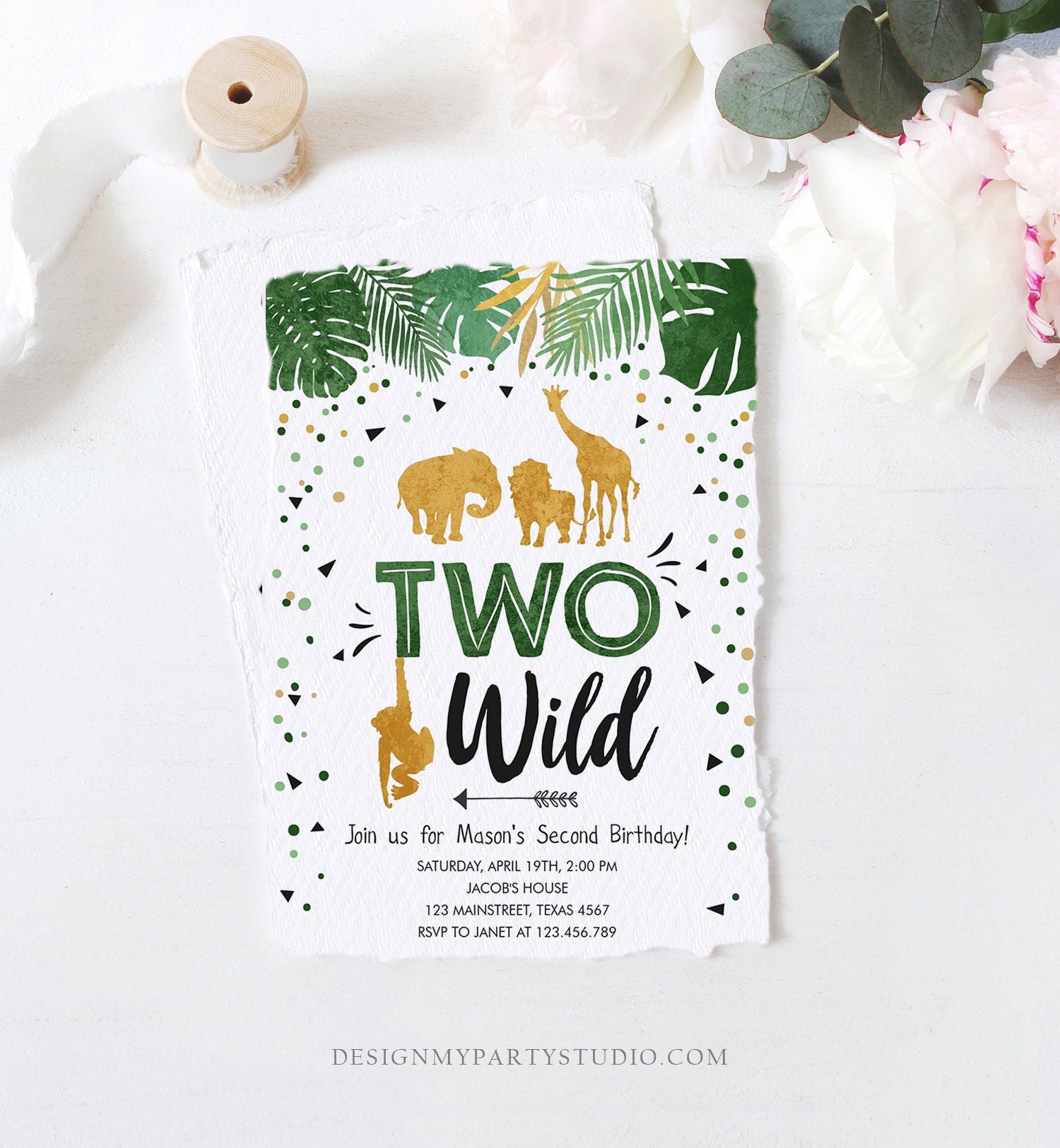 Editable Two Wild Birthday Invitation Safari Animals Party Jungle Zoo Animals Boy Gold Confetti Green Download Printable Corjl Template 0016