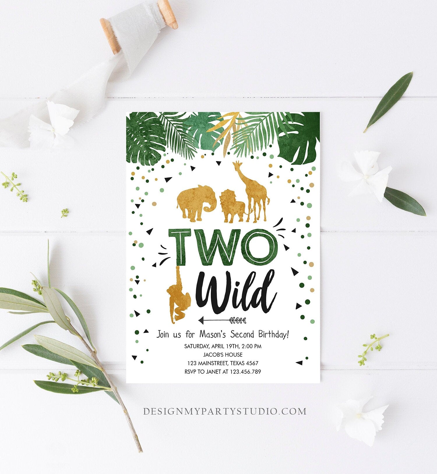 Editable Two Wild Birthday Invitation Safari Animals Party Jungle Zoo Animals Boy Gold Confetti Green Download Printable Corjl Template 0016