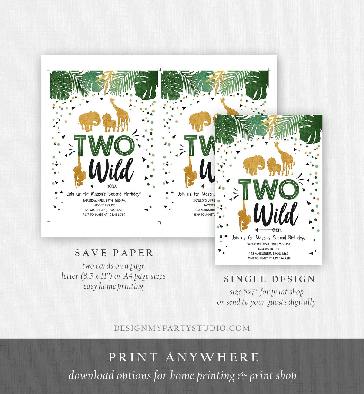 Editable Two Wild Birthday Invitation Safari Animals Party Jungle Zoo Animals Boy Gold Confetti Green Download Printable Corjl Template 0016