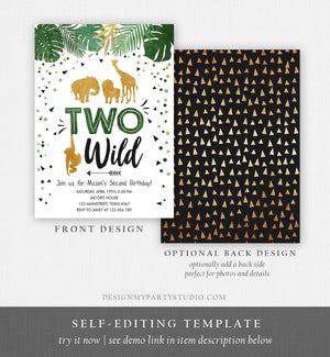 Editable Two Wild Birthday Invitation Safari Animals Party Jungle Zoo Animals Boy Gold Confetti Green Download Printable Corjl Template 0016