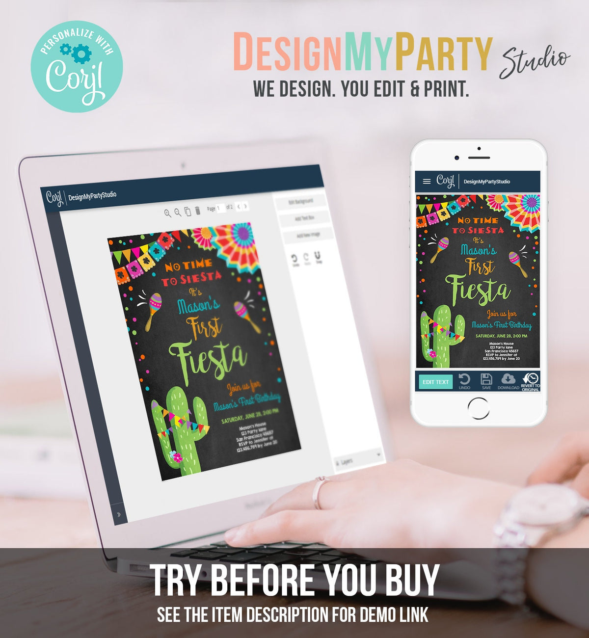 Editable First Fiesta Birthday Invitation Let&#39;s Fiesta No Time To Siesta Cactus Mexican Boy Samba Download Corjl Template Printable 0045