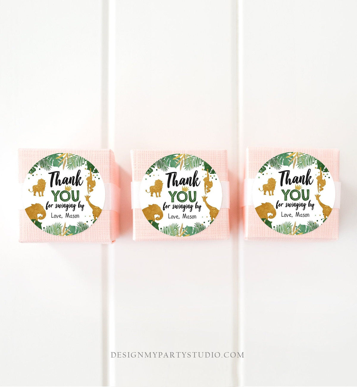 Editable Safari Animals Thank You Tags Wild One Jungle Zoo Black Gold Gift Favor Swinging By Safari Round Square Sticker Corjl Template 0016
