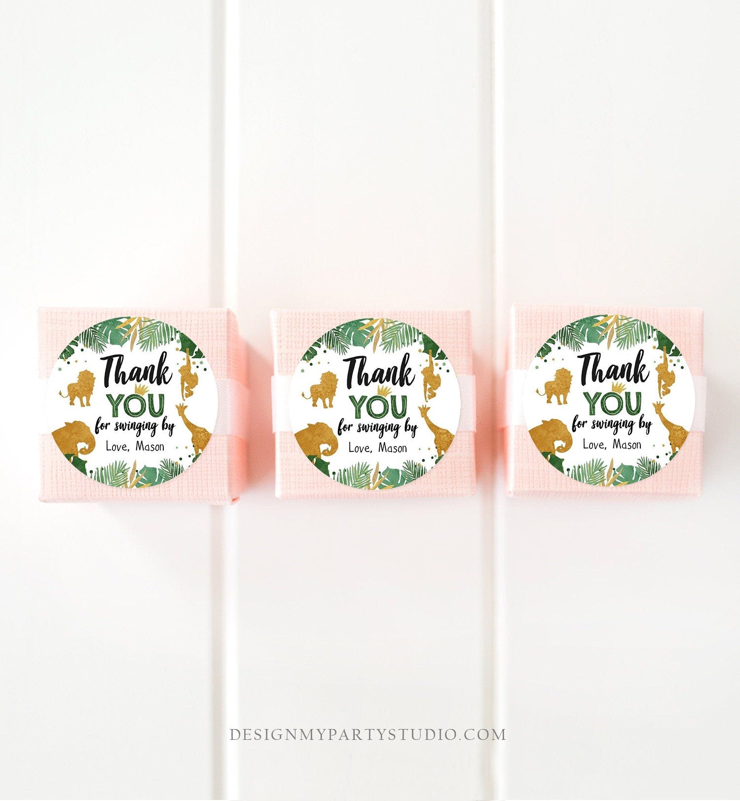 Editable Safari Animals Thank You Tags Wild One Jungle Zoo Black Gold Gift Favor Swinging By Safari Round Square Sticker Corjl Template 0016