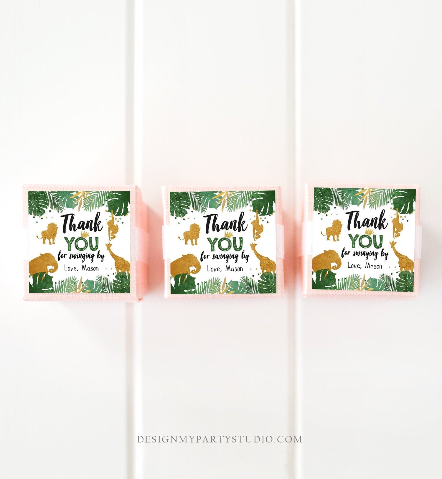 Editable Safari Animals Thank You Tags Wild One Jungle Zoo Black Gold Gift Favor Swinging By Safari Round Square Sticker Corjl Template 0016