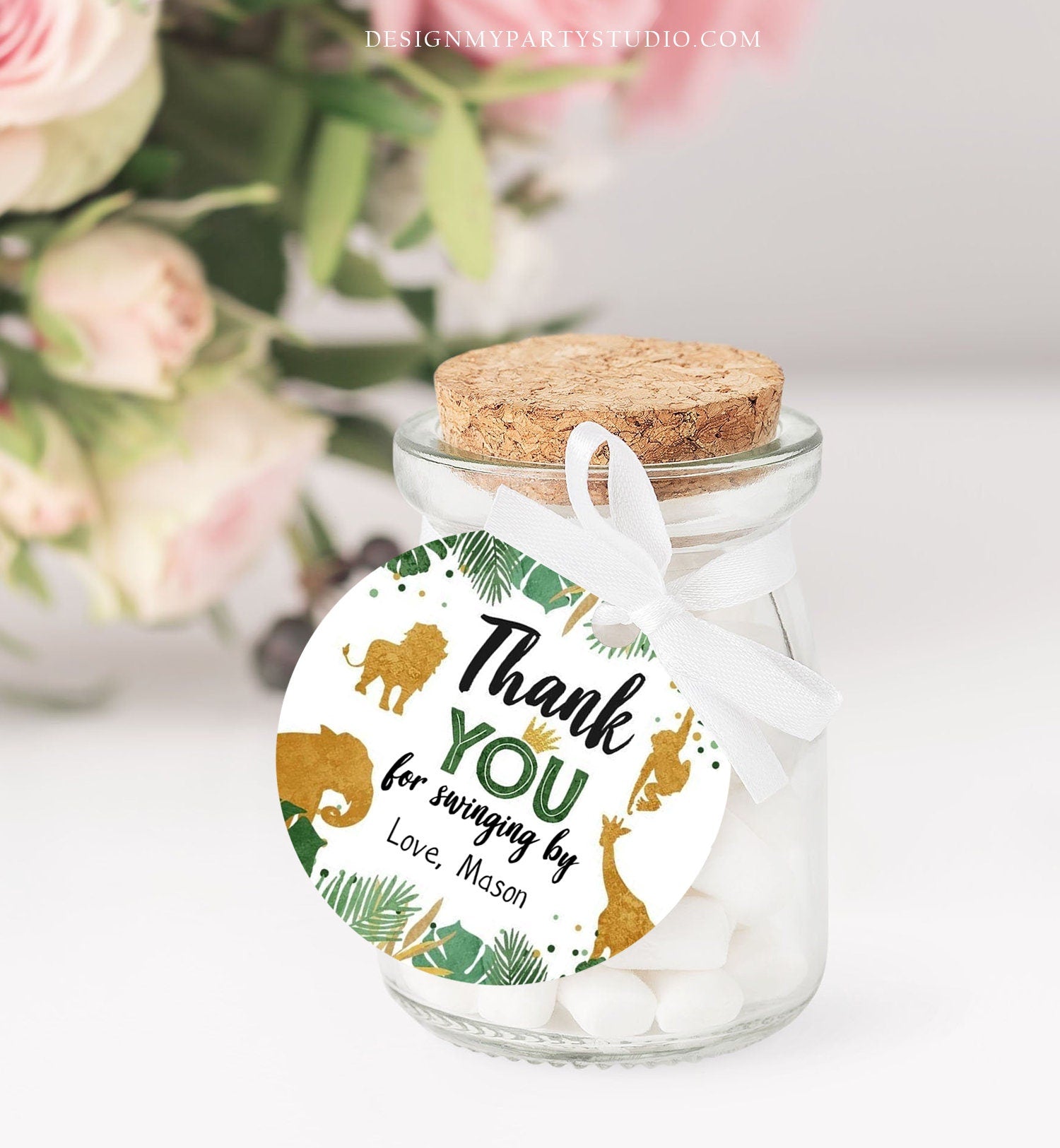 Editable Safari Animals Thank You Tags Wild One Jungle Zoo Black Gold Gift Favor Swinging By Safari Round Square Sticker Corjl Template 0016