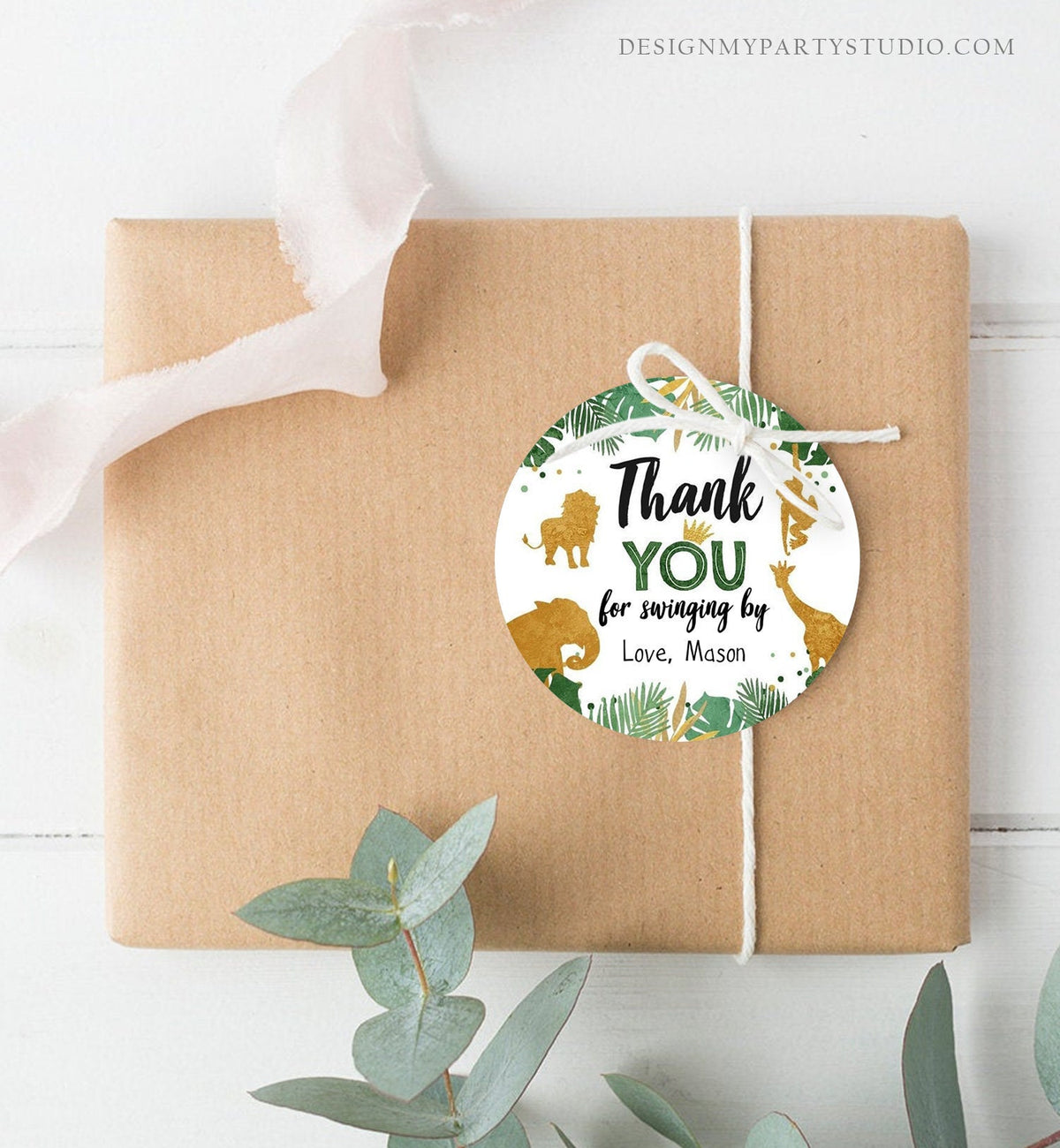Editable Safari Animals Thank You Tags Wild One Jungle Zoo Black Gold Gift Favor Swinging By Safari Round Square Sticker Corjl Template 0016