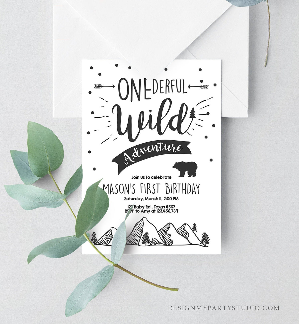 Editable A Onederful Wild Adventure First Birthday Invitation Wild Things Boy Mountains Bear Outdoor Download Printable Corjl Template 0083