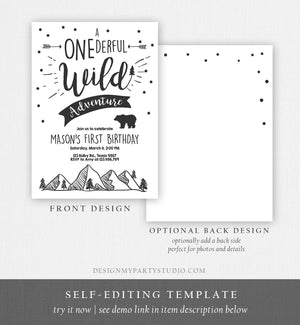 Editable A Onederful Wild Adventure First Birthday Invitation Wild Things Boy Mountains Bear Outdoor Download Printable Corjl Template 0083